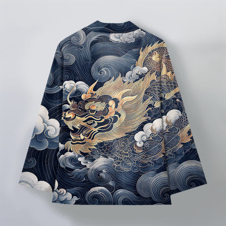 Buddha Stones Kimono da uomo in cotone con motivo drago dorato e nuvole, aperto sul davanti. - image 11