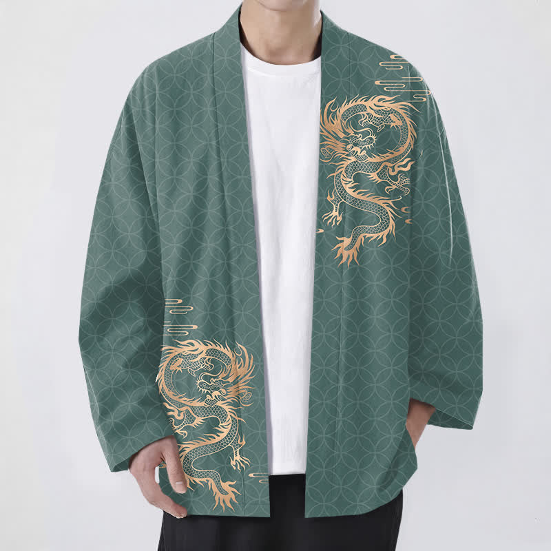 Buddha Stones Kimono da uomo in cotone con motivo geometrico a cerchi e drago dorato, aperto sul davanti. - Verde mare medio - US/UK/AU48, EU58 (4XL) - image 9