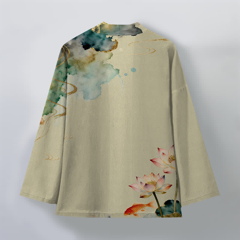 Buddha Stones Kimono da uomo in cotone con stampa a nuvole e motivo a inchiostro di loto e carpa koi, aperto sul davanti. - image 8