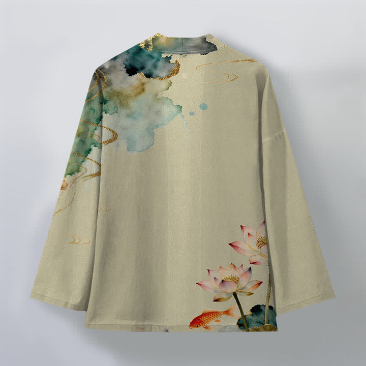Buddha Stones Kimono da uomo in cotone con stampa a nuvole e motivo a inchiostro di loto e carpa koi, aperto sul davanti. - image 8