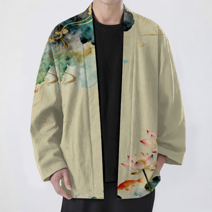 Buddha Stones Kimono da uomo in cotone con stampa a nuvole e motivo a inchiostro di loto e carpa koi, aperto sul davanti. - Verga d'oro pallida - US/UK/AU48, EU58 (4XL) - image 6