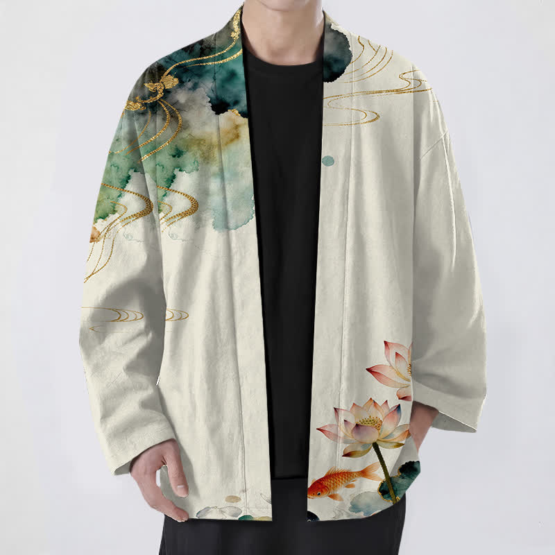 Buddha Stones Kimono da uomo in cotone con stampa a nuvole e motivo a inchiostro di loto e carpa koi, aperto sul davanti. - Beige - US/UK/AU48, EU58 (4XL) - image 9