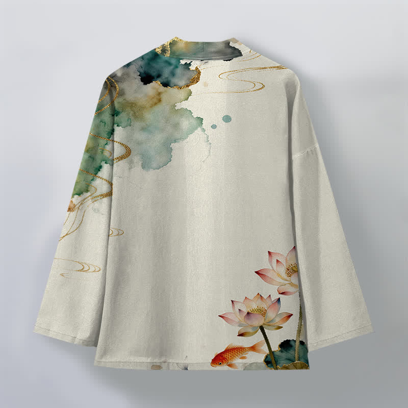 Buddha Stones Kimono da uomo in cotone con stampa a nuvole e motivo a inchiostro di loto e carpa koi, aperto sul davanti. - image 11