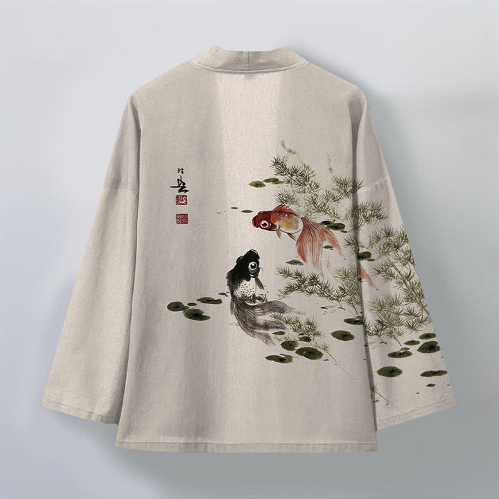 Buddha Stones Kimono da uomo in cotone con stampa a inchiostro di loto e motivo koi koi, aperto sul davanti. - image 2