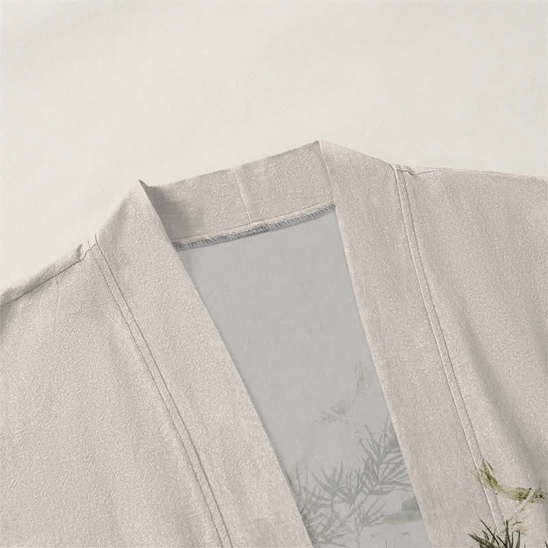 Buddha Stones Kimono da uomo in cotone con stampa a inchiostro di loto e motivo koi koi, aperto sul davanti. - image 3