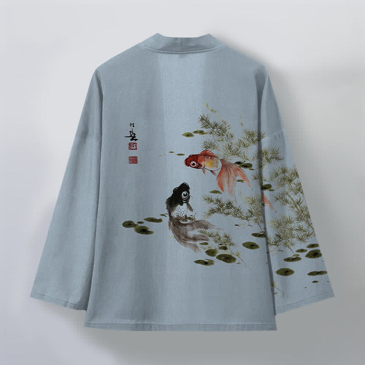 Buddha Stones Kimono da uomo in cotone con stampa a inchiostro di loto e motivo koi koi, aperto sul davanti. - image 8