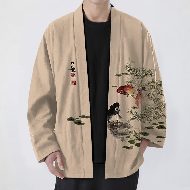 Buddha Stones Kimono da uomo in cotone con stampa a inchiostro di loto e motivo koi koi, aperto sul davanti. - Grano - US/UK/AU48, EU58 (4XL) - image 9