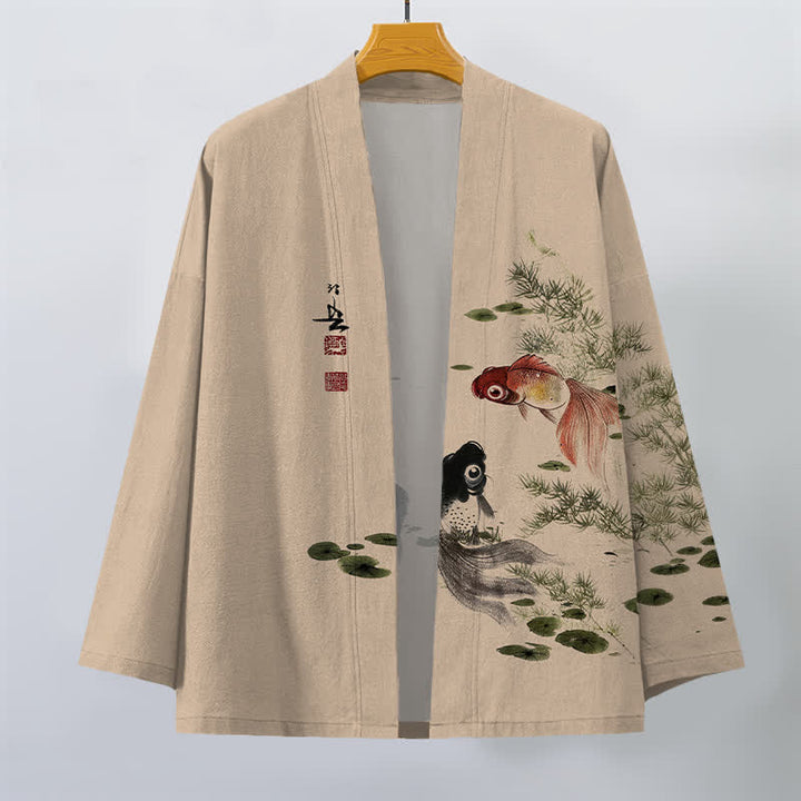 Buddha Stones Kimono da uomo in cotone con stampa a inchiostro di loto e motivo koi koi, aperto sul davanti. - image 10