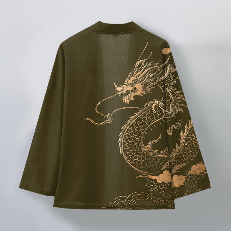 Buddha Stones Kimono da uomo in cotone con motivo a onde e nuvole, aperto sul davanti, con drago dorato. - image 2