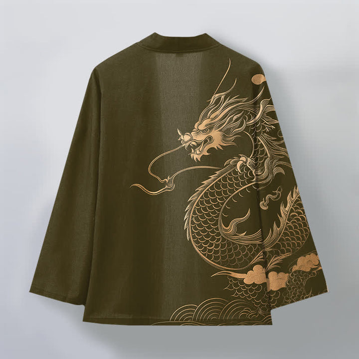Buddha Stones Kimono da uomo in cotone con motivo a onde e nuvole, aperto sul davanti, con drago dorato. - image 2