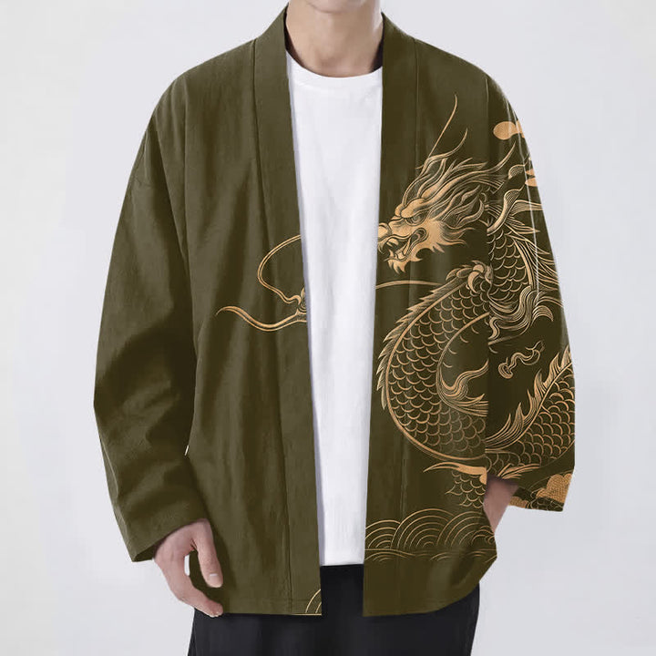 Buddha Stones Kimono da uomo in cotone con motivo a onde e nuvole, aperto sul davanti, con drago dorato. - Oliva - US/UK/AU48, EU58 (4XL) - image 0