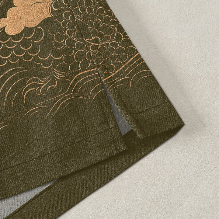 Buddha Stones Kimono da uomo in cotone con motivo a onde e nuvole, aperto sul davanti, con drago dorato. - image 4