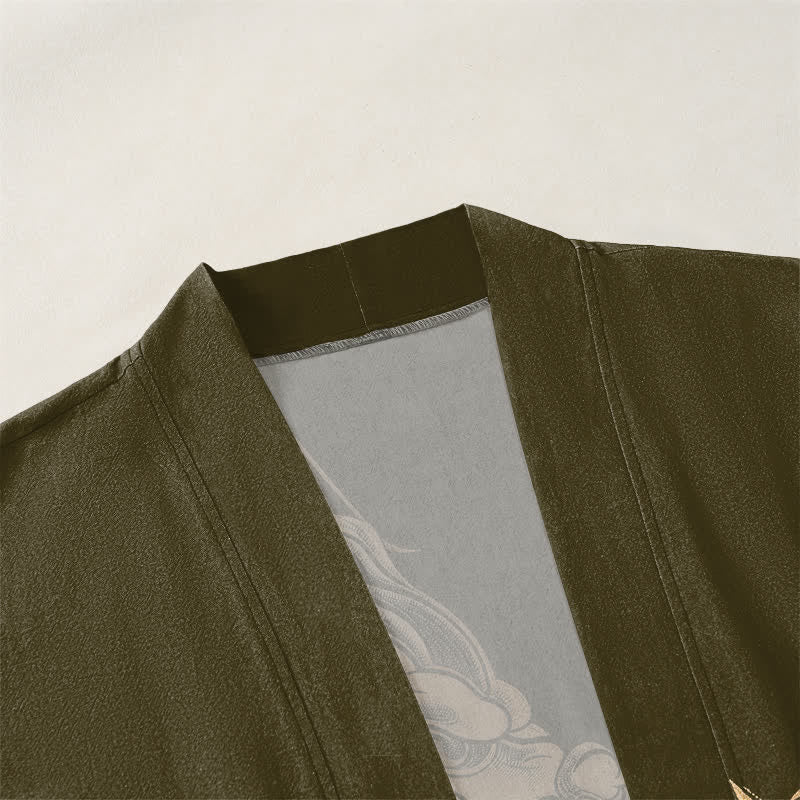 Buddha Stones Kimono da uomo in cotone con motivo a onde e nuvole, aperto sul davanti, con drago dorato. - image 3