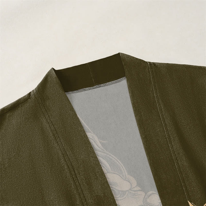 Buddha Stones Kimono da uomo in cotone con motivo a onde e nuvole, aperto sul davanti, con drago dorato. - image 3
