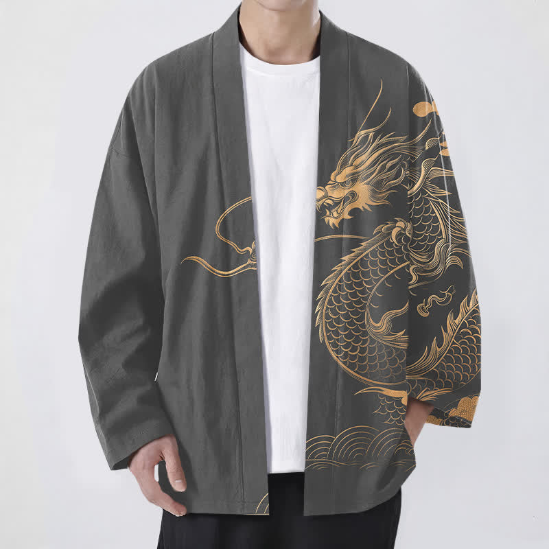 Buddha Stones Kimono da uomo in cotone con motivo a onde e nuvole, aperto sul davanti, con drago dorato. - Grigio tenue - US/UK/AU48, EU58 (4XL) - image 6