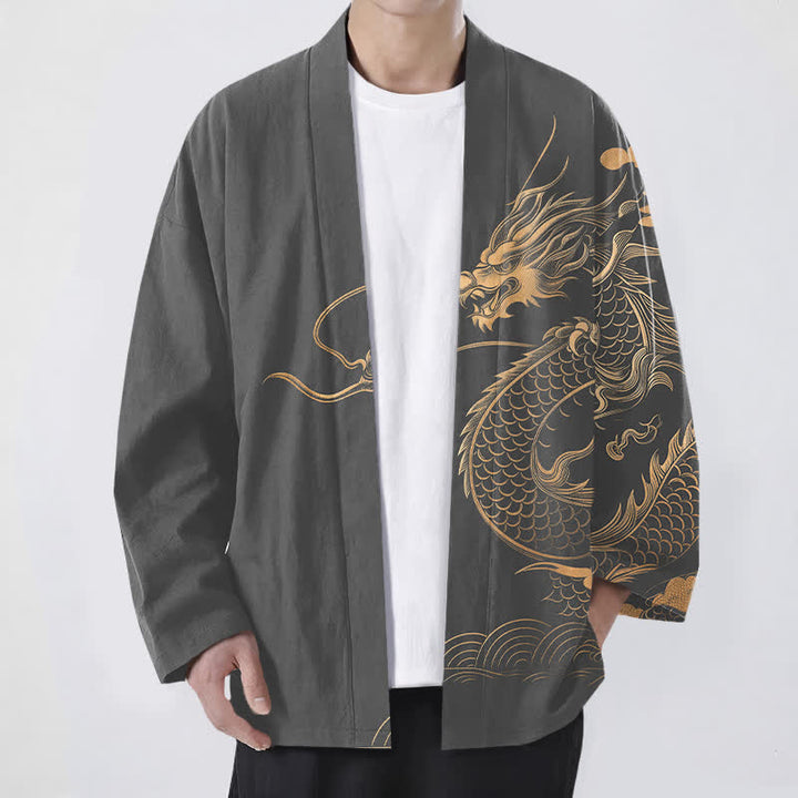 Buddha Stones Kimono da uomo in cotone con motivo a onde e nuvole, aperto sul davanti, con drago dorato. - Grigio tenue - US/UK/AU48, EU58 (4XL) - image 6