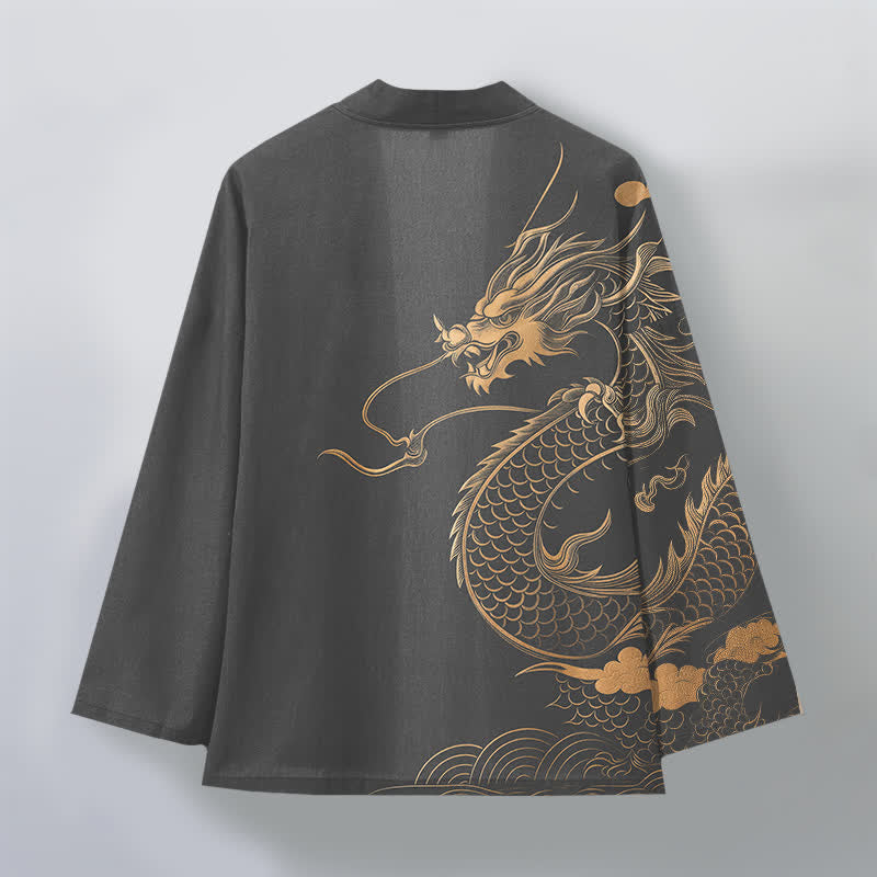 Buddha Stones Kimono da uomo in cotone con motivo a onde e nuvole, aperto sul davanti, con drago dorato. - image 8