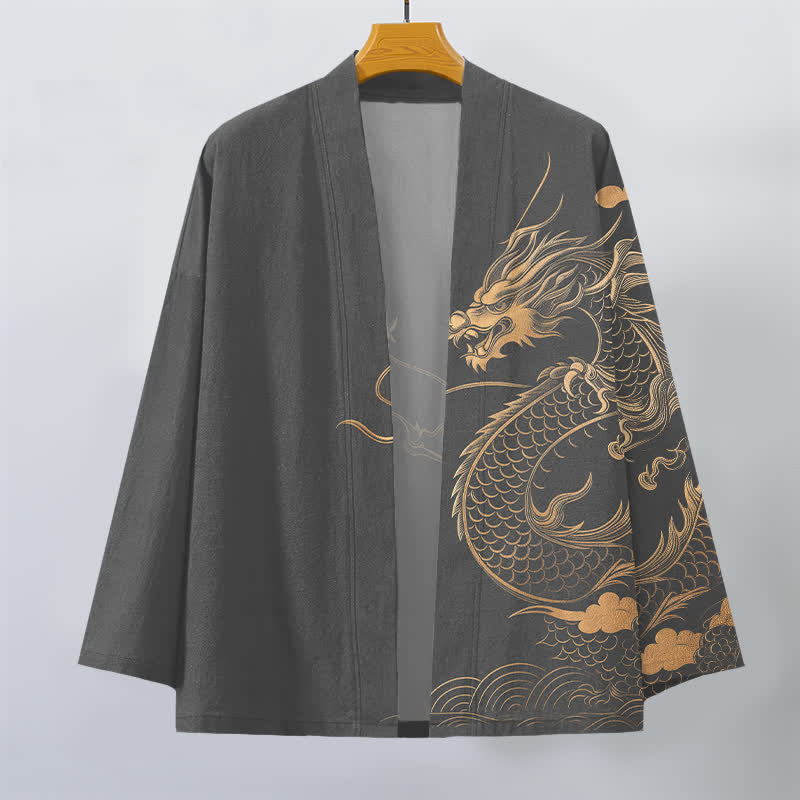 Buddha Stones Kimono da uomo in cotone con motivo a onde e nuvole, aperto sul davanti, con drago dorato. - image 7