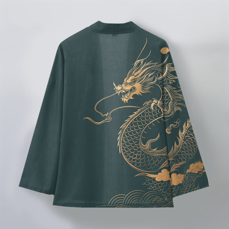 Buddha Stones Kimono da uomo in cotone con motivo a onde e nuvole, aperto sul davanti, con drago dorato. - image 11