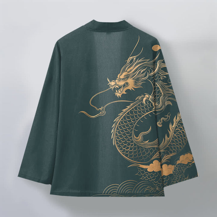 Buddha Stones Kimono da uomo in cotone con motivo a onde e nuvole, aperto sul davanti, con drago dorato. - image 11