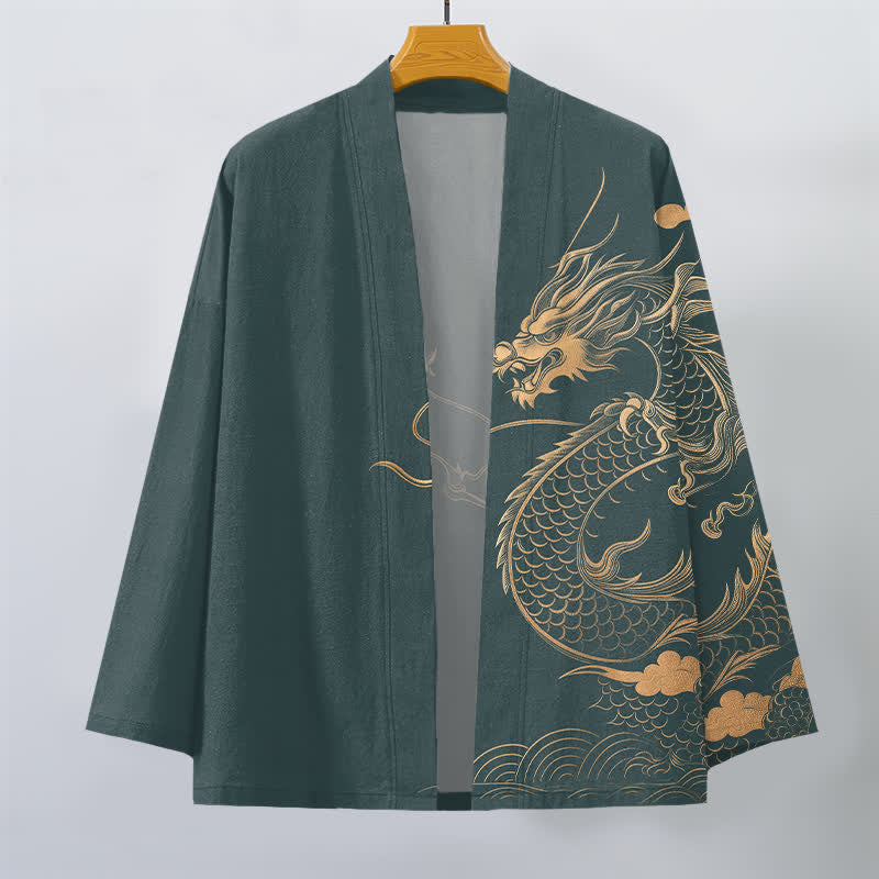 Buddha Stones Kimono da uomo in cotone con motivo a onde e nuvole, aperto sul davanti, con drago dorato. - image 10