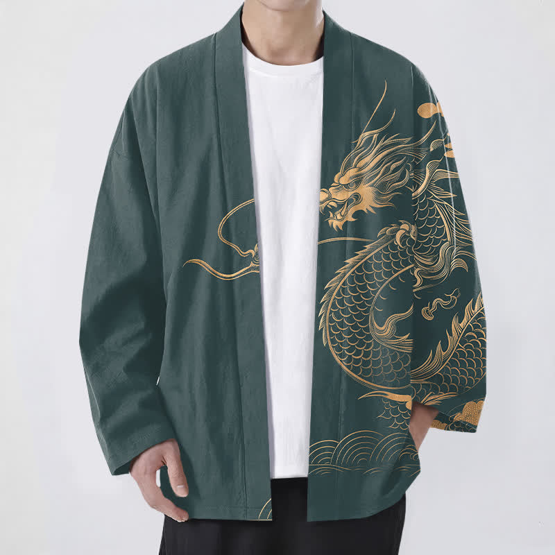 Buddha Stones Kimono da uomo in cotone con motivo a onde e nuvole, aperto sul davanti, con drago dorato. - Verde acqua - US/UK/AU48, EU58 (4XL) - image 9