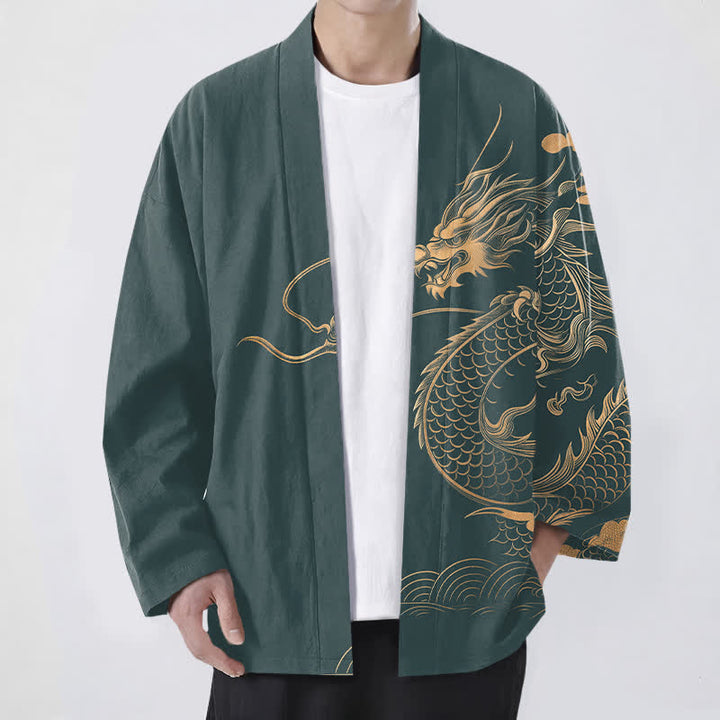 Buddha Stones Kimono da uomo in cotone con motivo a onde e nuvole, aperto sul davanti, con drago dorato. - Verde acqua - US/UK/AU48, EU58 (4XL) - image 9