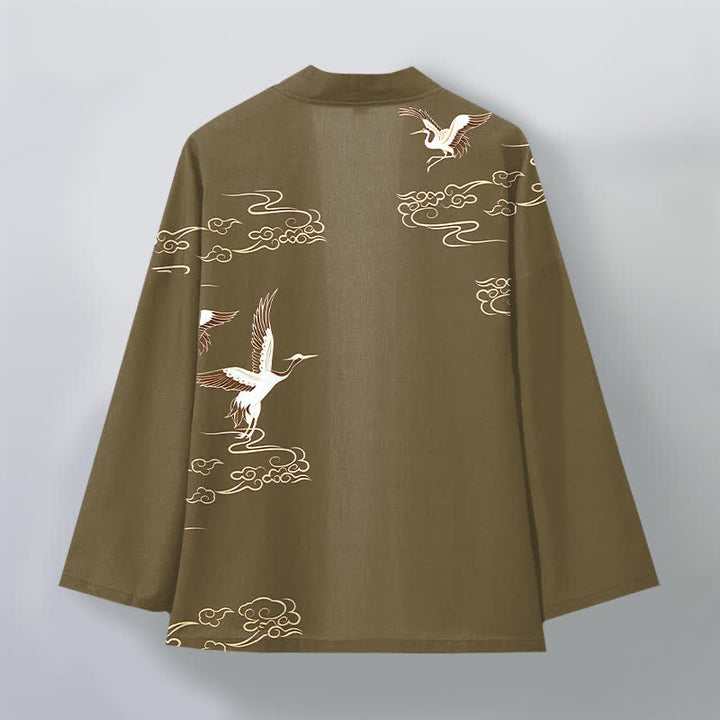 Buddha Stones Kimono da uomo in cotone bianco con motivo gru e nuvole dorate, aperto sul davanti. - image 11