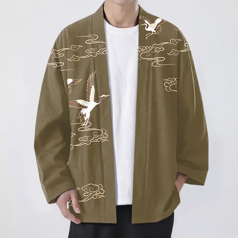 Buddha Stones Kimono da uomo in cotone bianco con motivo gru e nuvole dorate, aperto sul davanti. - Oliva - US/UK/AU48, EU58 (4XL) - image 9