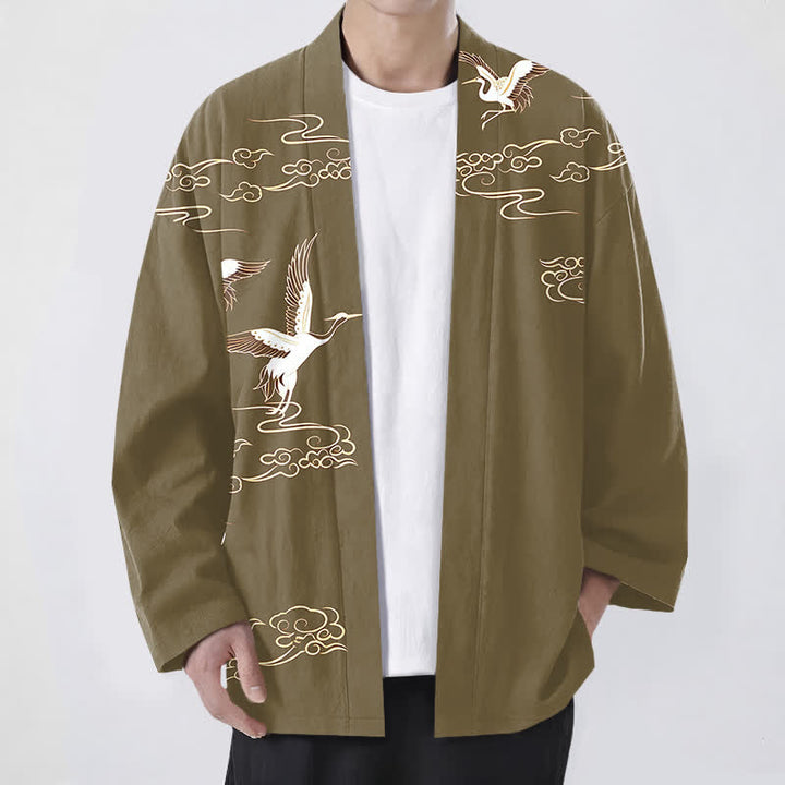 Buddha Stones Kimono da uomo in cotone bianco con motivo gru e nuvole dorate, aperto sul davanti. - Oliva - US/UK/AU48, EU58 (4XL) - image 9