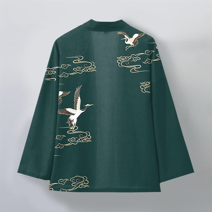 Buddha Stones Kimono da uomo in cotone bianco con motivo gru e nuvole dorate, aperto sul davanti. - image 8