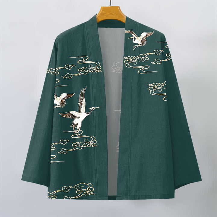 Buddha Stones Kimono da uomo in cotone bianco con motivo gru e nuvole dorate, aperto sul davanti. - image 7