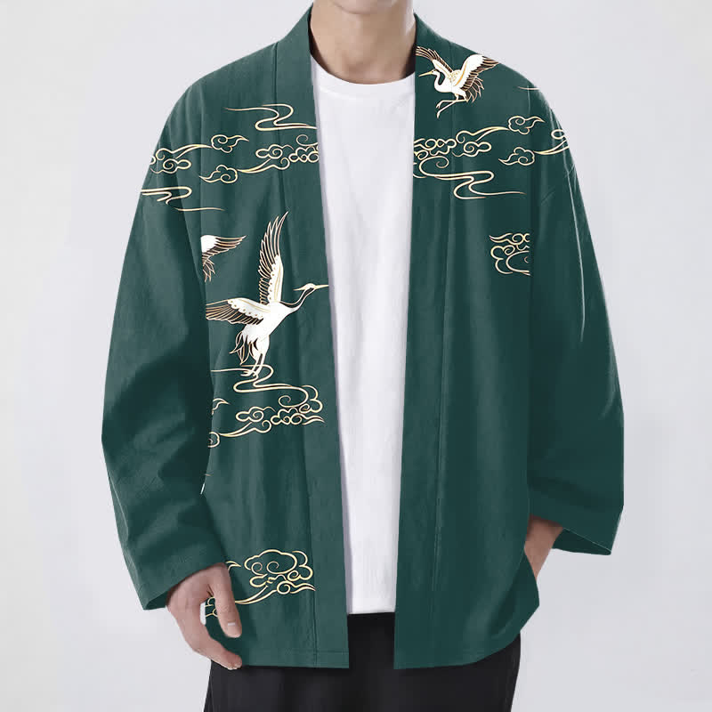 Buddha Stones Kimono da uomo in cotone bianco con motivo gru e nuvole dorate, aperto sul davanti. - Verde acqua - US/UK/AU48, EU58 (4XL) - image 6