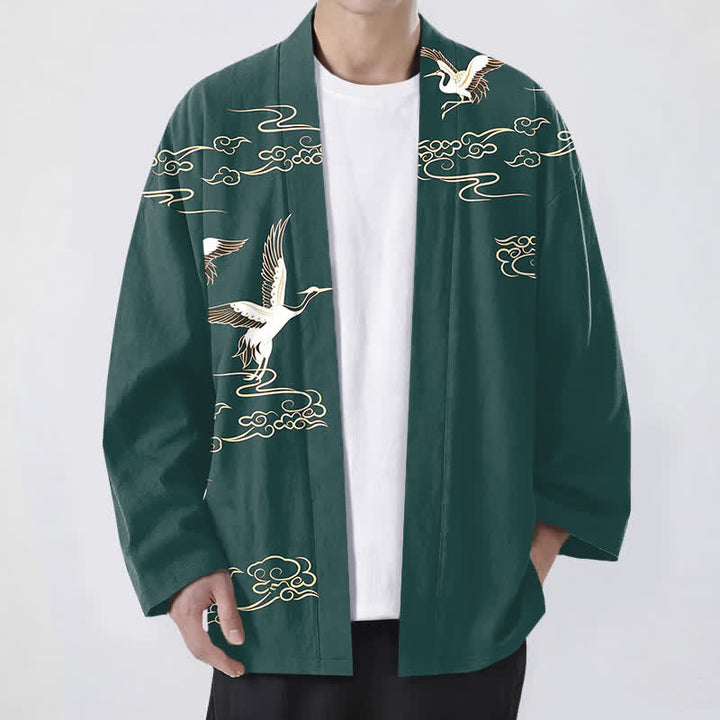 Buddha Stones Kimono da uomo in cotone bianco con motivo gru e nuvole dorate, aperto sul davanti. - Verde acqua - US/UK/AU48, EU58 (4XL) - image 6