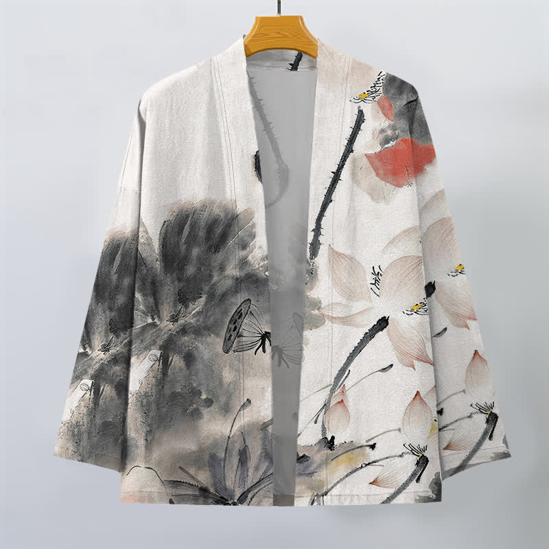 Buddha Stones Kimono da uomo con stampa a loto e apertura frontale, in cotone e inchiostro. - image 1