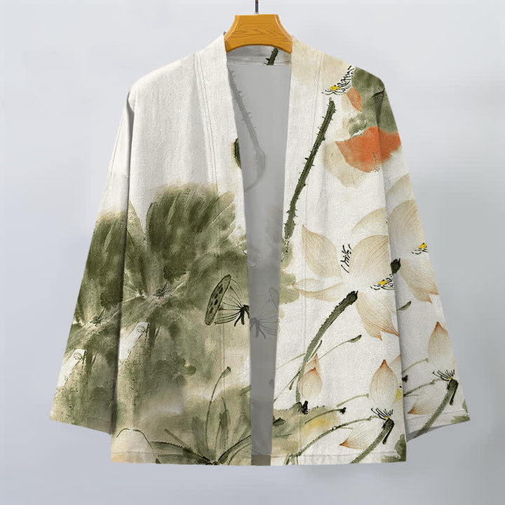 Buddha Stones Kimono da uomo con stampa a loto e apertura frontale, in cotone e inchiostro. - image 10