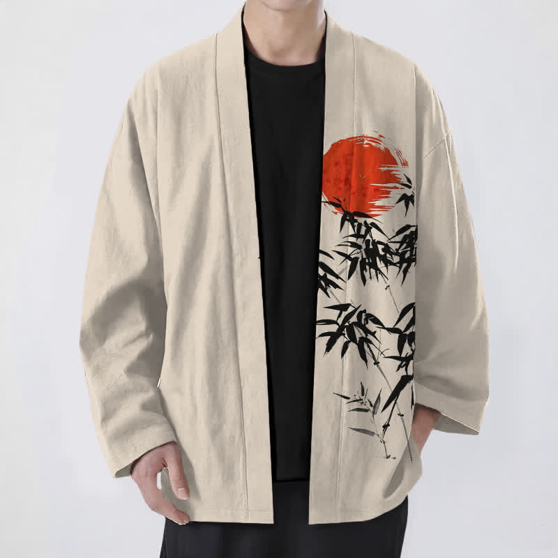 Buddha Stones Kimono da uomo in cotone con stampa a inchiostro di bambù e sole rosso, aperto sul davanti. - Beige - US/UK/AU48, EU58 (4XL) - image 0