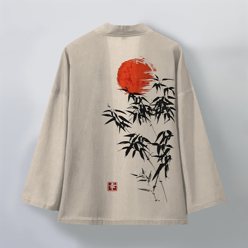 Buddha Stones Kimono da uomo in cotone con stampa a inchiostro di bambù e sole rosso, aperto sul davanti. - image 2