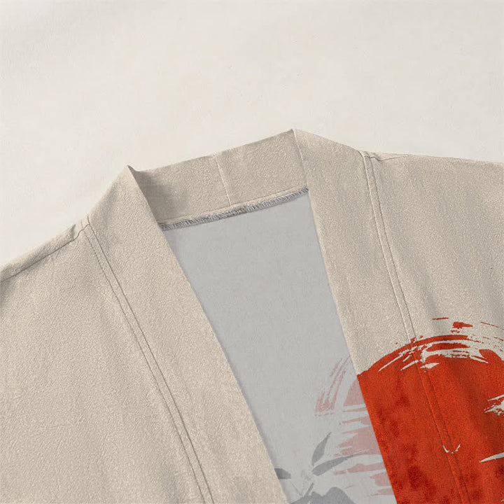 Buddha Stones Kimono da uomo in cotone con stampa a inchiostro di bambù e sole rosso, aperto sul davanti. - image 3