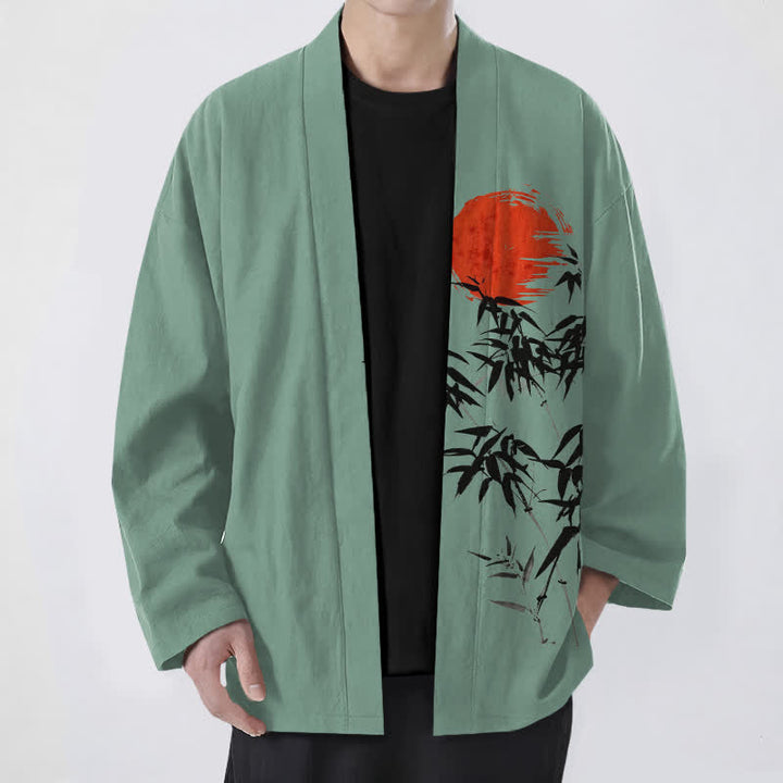 Buddha Stones Kimono da uomo in cotone con stampa a inchiostro di bambù e sole rosso, aperto sul davanti. - Verde mare - US/UK/AU48, EU58 (4XL) - image 6