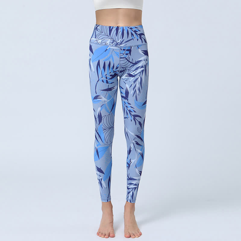 Buddha Stones Flowers Leaves Stampa Sport Fitness Yoga Leggings a vita alta Pantaloni da yoga da donna - foglie azzurre - US8-10, UK/AU12-14, EU40-42 (XL) - image 10