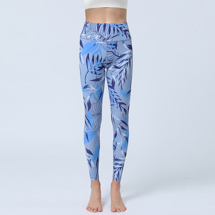 Buddha Stones Flowers Leaves Stampa Sport Fitness Yoga Leggings a vita alta Pantaloni da yoga da donna - foglie azzurre - US8-10, UK/AU12-14, EU40-42 (XL) - image 10