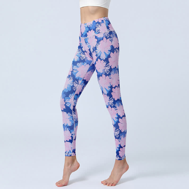 Buddha Stones Flowers Leaves Stampa Sport Fitness Yoga Leggings a vita alta Pantaloni da yoga da donna - Fiori blu e rosa - US8-10, UK/AU12-14, EU40-42 (XL) - image 7