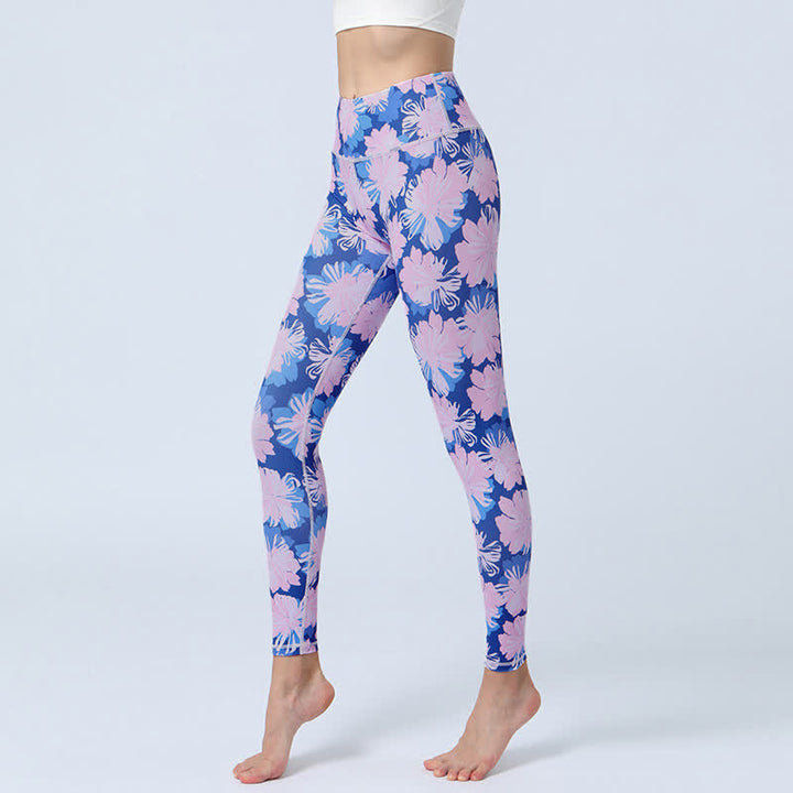 Buddha Stones Flowers Leaves Stampa Sport Fitness Yoga Leggings a vita alta Pantaloni da yoga da donna - Fiori blu e rosa - US8-10, UK/AU12-14, EU40-42 (XL) - image 7