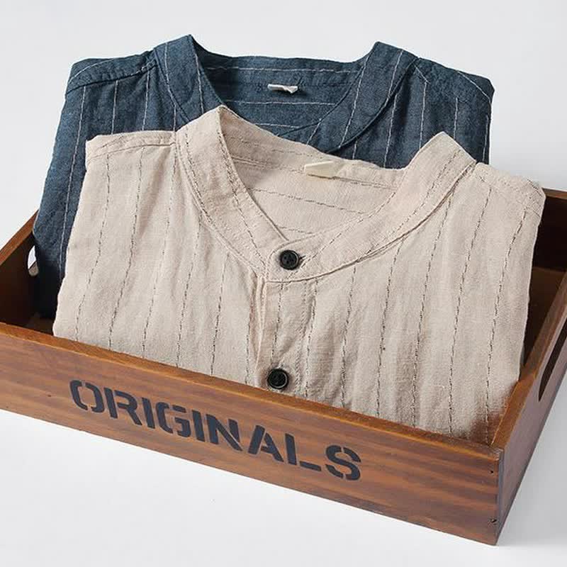 Buddha Stones Camicia da uomo a maniche lunghe in lino a righe, stile Tang, con colletto alla coreana, a righe, per primavera/estate, con taschino. - image 8