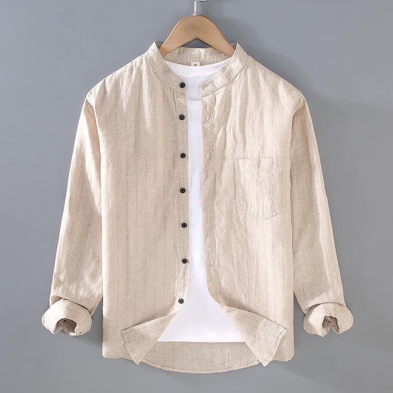 Buddha Stones Camicia da uomo a maniche lunghe in lino a righe, stile Tang, con colletto alla coreana, a righe, per primavera/estate, con taschino. - Cachi - US/UK/AU42, EU52 (3XL) - image 2