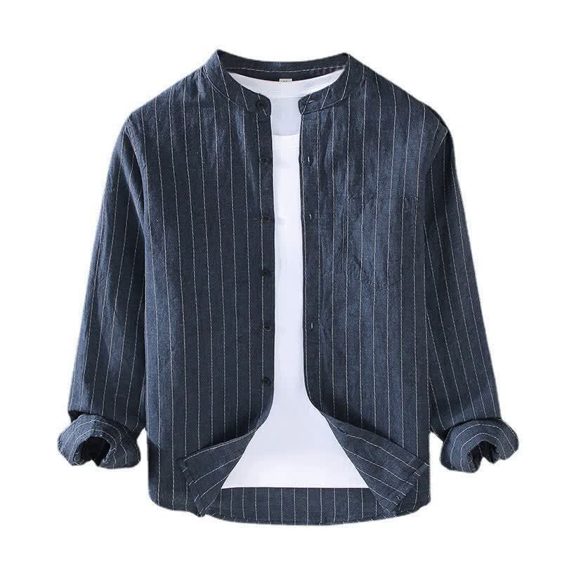 Buddha Stones Camicia da uomo a maniche lunghe in lino a righe, stile Tang, con colletto alla coreana, a righe, per primavera/estate, con taschino. - image 1