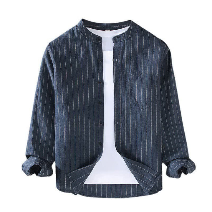 Buddha Stones Camicia da uomo a maniche lunghe in lino a righe, stile Tang, con colletto alla coreana, a righe, per primavera/estate, con taschino. - image 1
