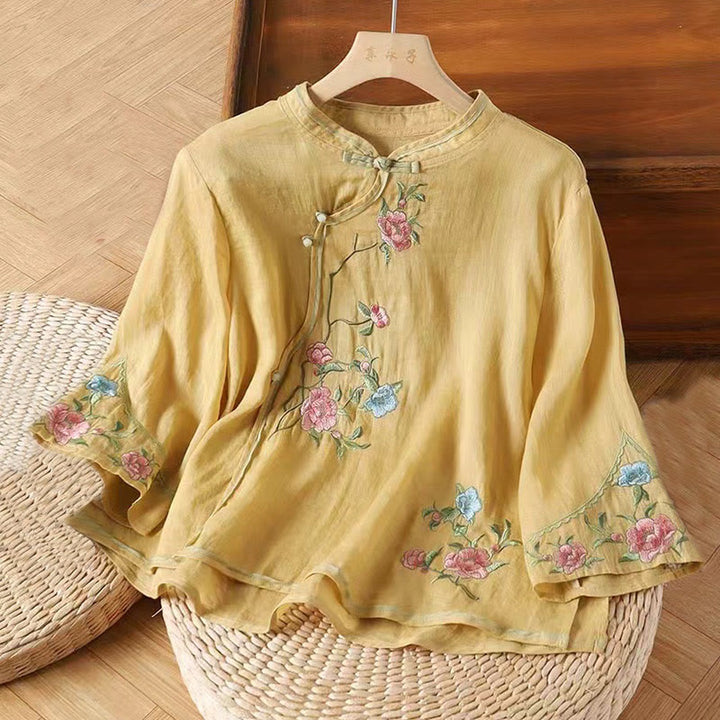 Buddha Stones da donna in cotone e lino con scollo a giro, casual, vintage, con ricamo a fiori, motivo cinese a rana e bottoni - Oro - US12, UK/AU16, EU44 (3XL) - image 4