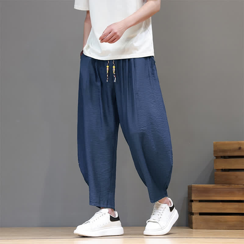 Buddha Stones Pantaloni corti estivi casual minimalisti con coulisse, modello harem da uomo con tasca - image 3